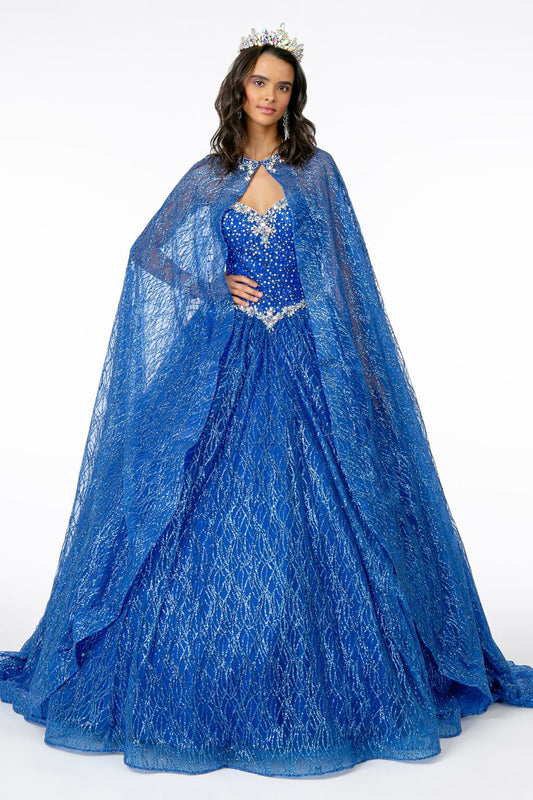 Jewel Embellished Bodice Glitter Mesh Ball Gown w/ Glitter Mesh Cape-0