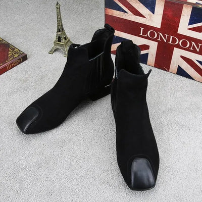 Fashion Square Toe Slip On Women Leather Patchwork Suede Short Boots British Autumn Winter Low Heel Female Casual High Top Boots