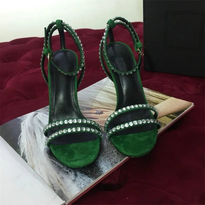 Top Quality Ankle Strap Heels Women Sandals Summer Shoes Peep Toe Crystal Thin High Heels Party Dress Sandals Green Plus Size 42