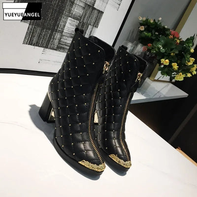 Autumn Winter Diamond Plaid Metal Rivet Front Zip Womens Ankle Boots Fashion Solid Genuine Leather Sheepskin High Heel Boots