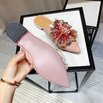 Luxury Brand New Spring Summer Women's slippers Top Quality Women Flat Shoes Genuine Sheepskin Suede Leather Slippers Sequined