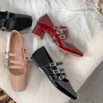 Heels Pumps Women Autumn Patent Leather Mary Janes Shoes Women Retro Chaussures Femme Rhinestone Ladies Shoes Zapatos De Mujer