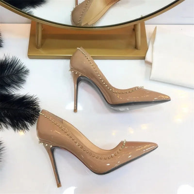 New Sexy Luxury Rivets Shoes Woman High Heels Ladies Shoes Pointed Toe Heels Pumps Women Dress Shoes Genuine Leather Woman Pumps