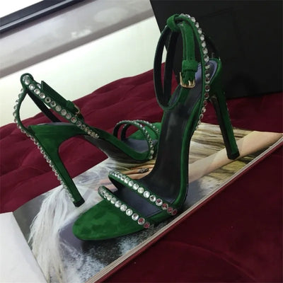 Top Quality Ankle Strap Heels Women Sandals Summer Shoes Peep Toe Crystal Thin High Heels Party Dress Sandals Green Plus Size 42