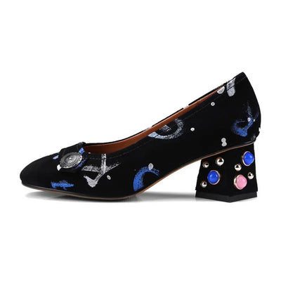 2020 New Fashion Floral Printed Shoes Women Luxury Genuine Leather Beading Heels Retro Slip On Loafers Party Casual Ladies Pumps