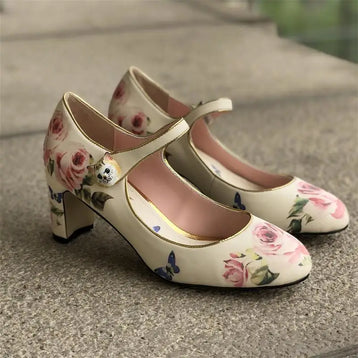 Printing Mary Janes Shoes Women Med Heels Pumps Women Autumn Retro Sapato Feminino Cozy Round Toe Ladies Shoes Zapatos De Mujer
