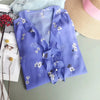 French Retro Lilac Purple Print V-neck Ruffled Silk Blouse with Buckle for Women, Double-layer Mulberry Silk Shirt