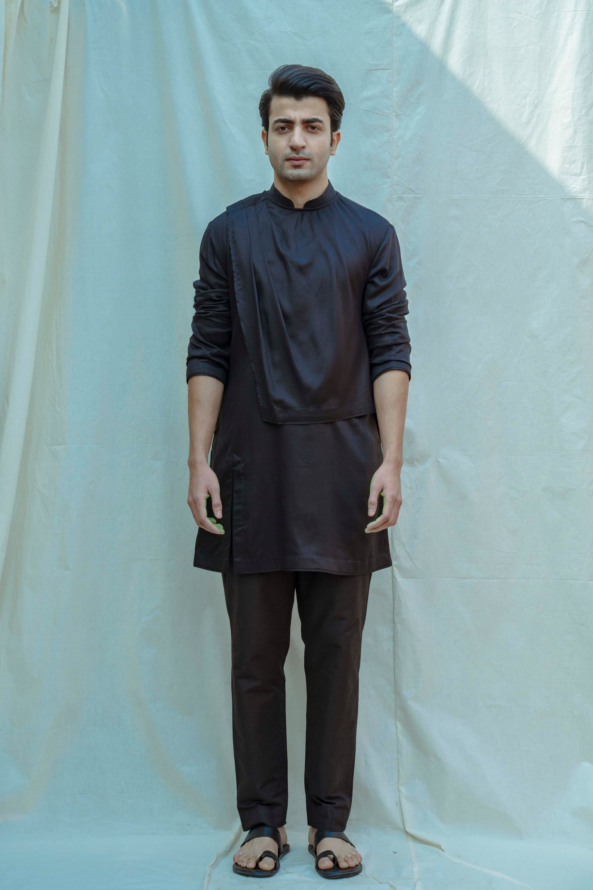 Overlapped Cowl Kurta In Black-0