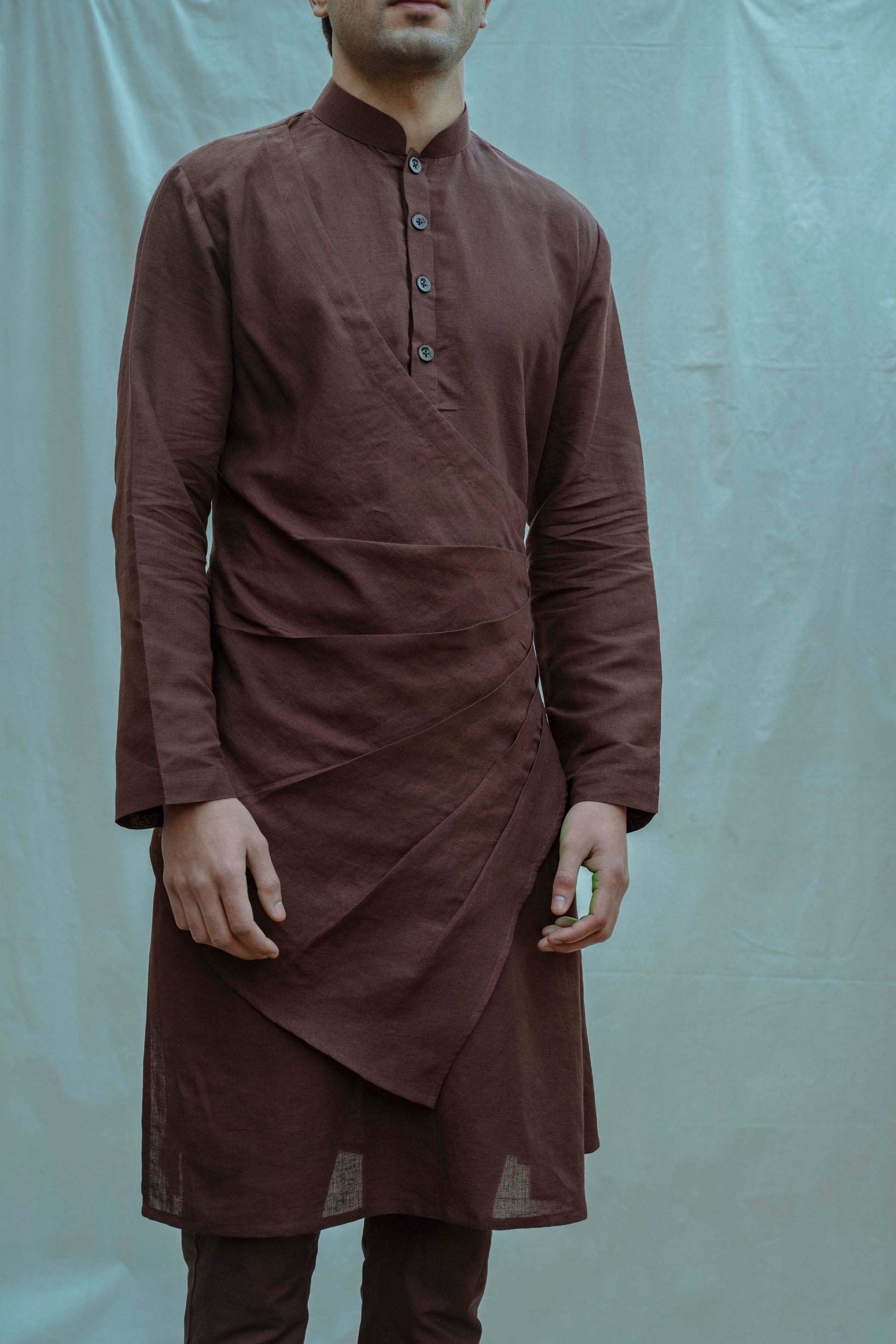 Cotton X Linen Brown Pleated Angrakha Kurta-2