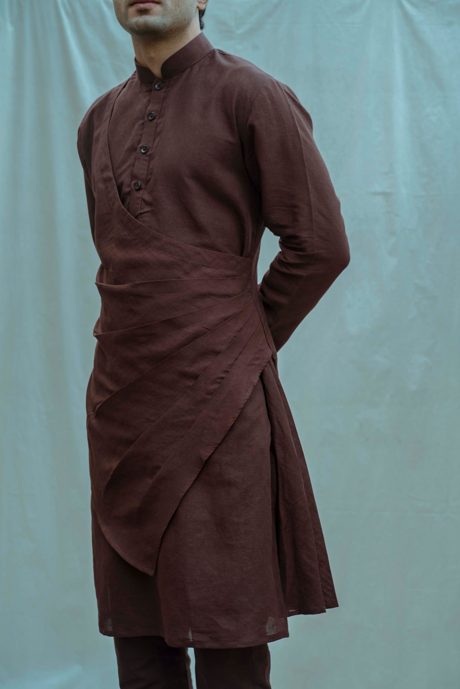 Cotton X Linen Brown Pleated Angrakha Kurta-3