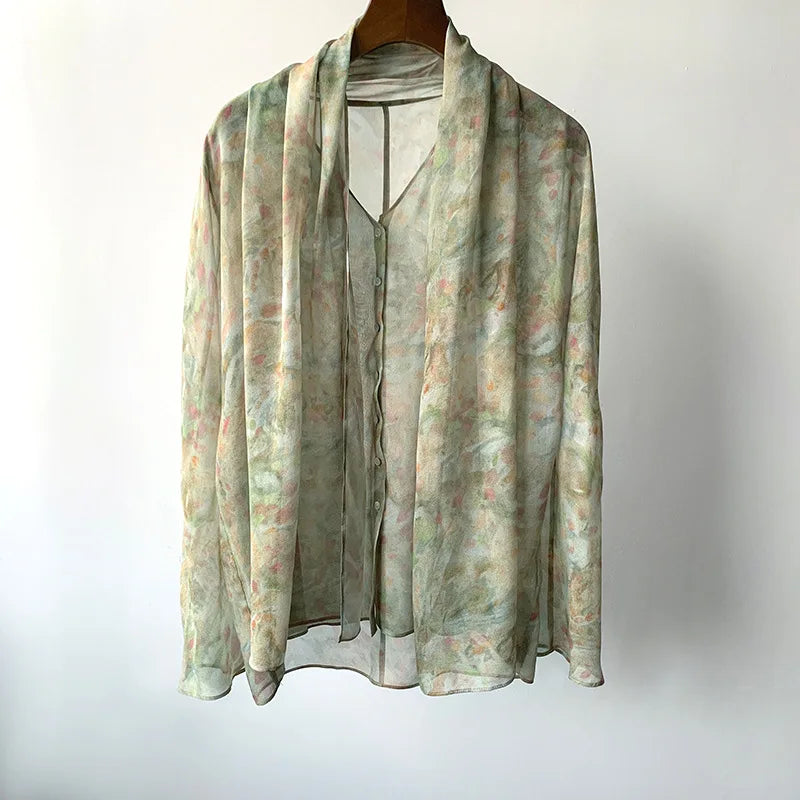 Autumn Printing Luxry Silk Ladies Tops Lace-up Blouse Button Up Shirt