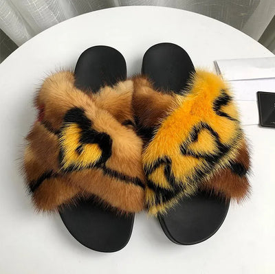 Leopard Mink Slippers Women Winter Slides Warm Flat Shoes Women Outdoor Chanclas Mujer Chic Ladies Shoes Luxyry Sapato Feminino