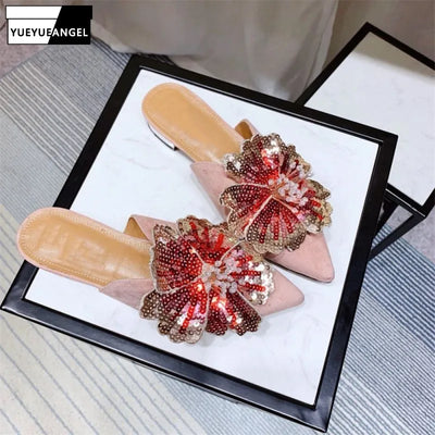 Luxury Brand New Spring Summer Women's slippers Top Quality Women Flat Shoes Genuine Sheepskin Suede Leather Slippers Sequined