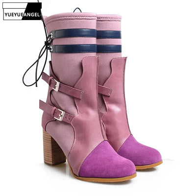 Handmade Quality Womens Mid Calf Boots Autumn Buckle Strap Thick High Heel Botas Fashion Design Slip On Stretch Sock Boots Femme
