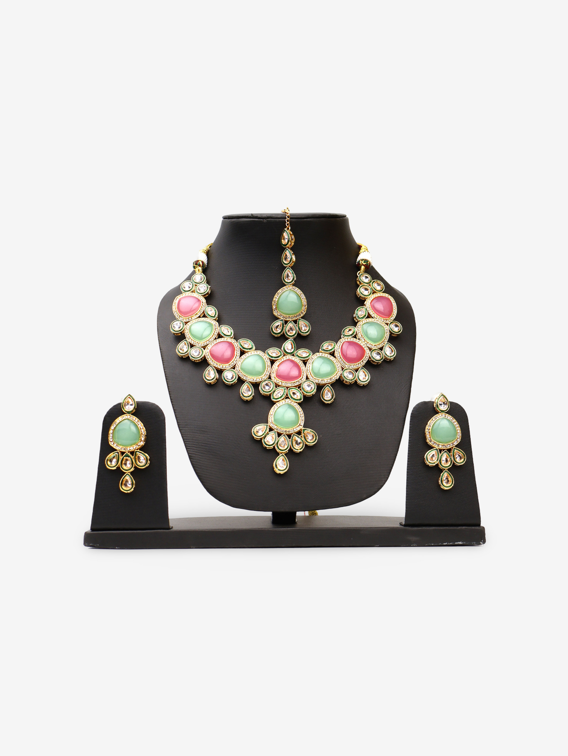 Mint Green and Pink Kundan Polki Necklace with Earrings and Mang Tikka-0