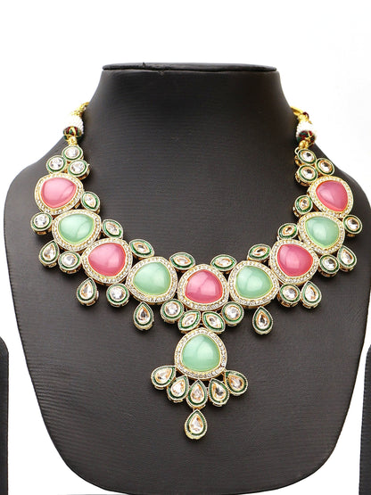 Mint Green and Pink Kundan Polki Necklace with Earrings and Mang Tikka-1