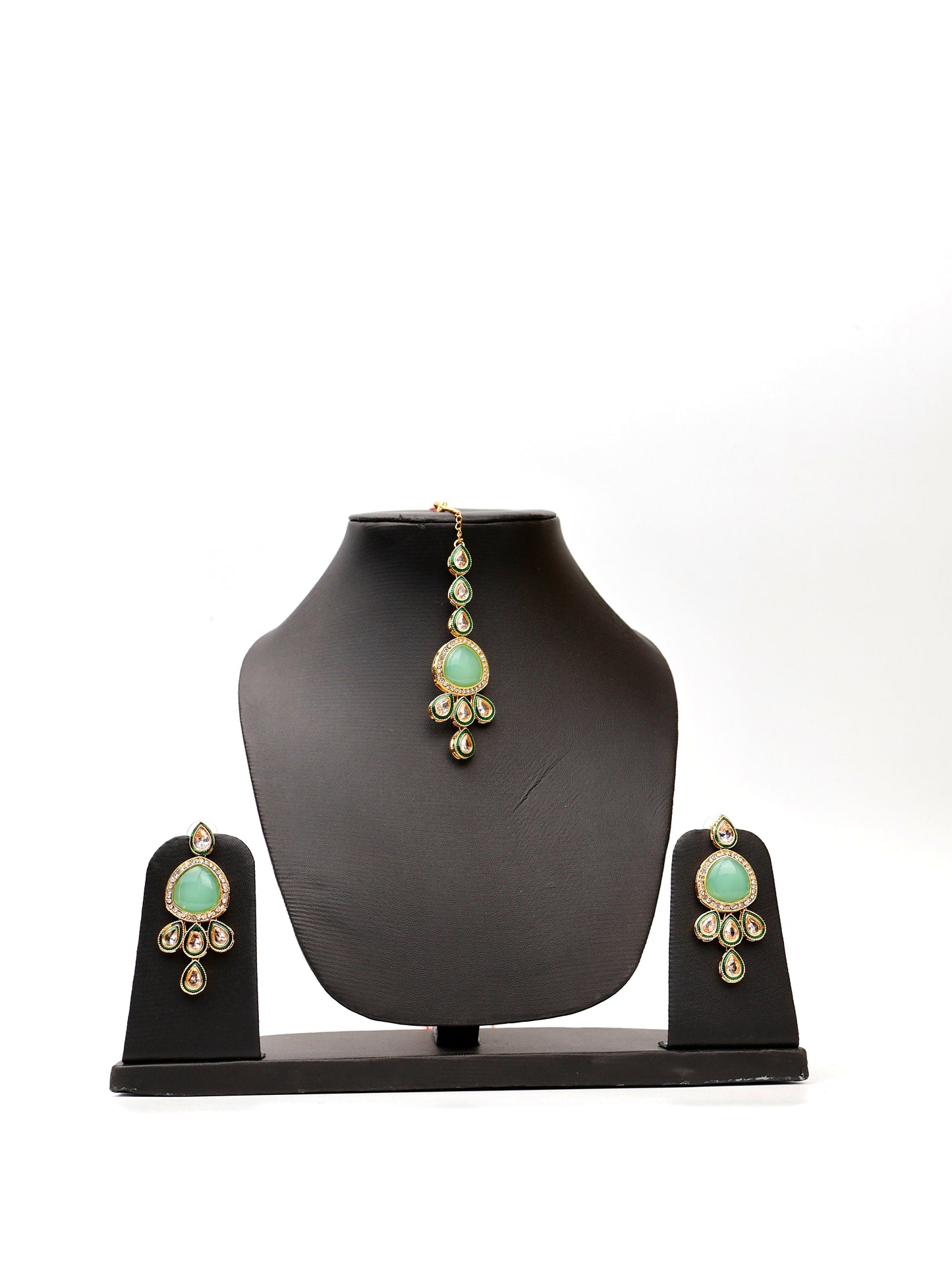 Mint Green and Pink Kundan Polki Necklace with Earrings and Mang Tikka-2