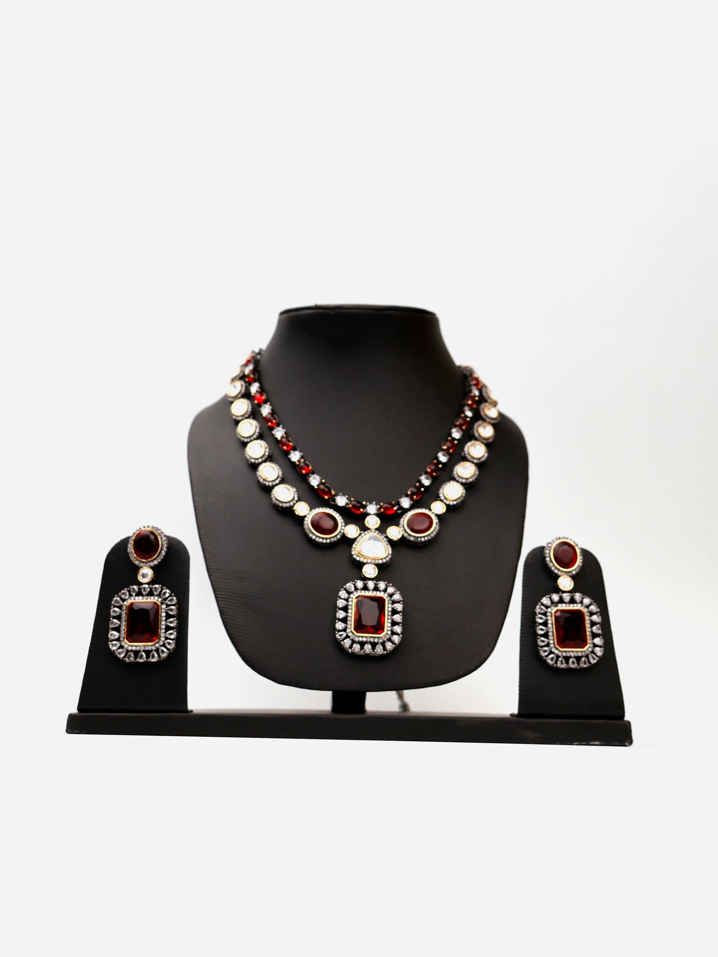 Red Garnet Stone and Kundan work Reverse AD Two Layer Necklace Set-0