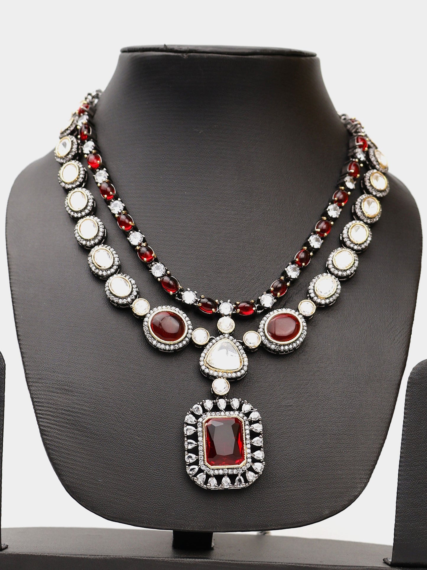 Red Garnet Stone and Kundan work Reverse AD Two Layer Necklace Set-1