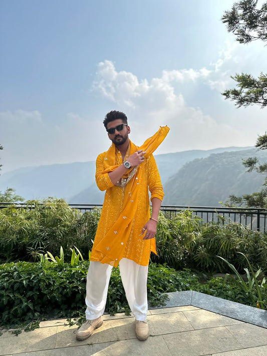 Zaheer Iqbal in our Dhruva - Mustard Chikankari Kurta Set-0