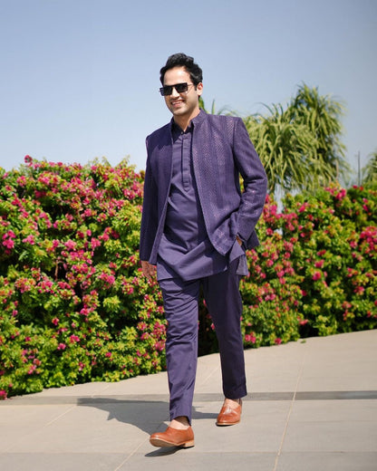 Raj Shamani in our Ikhara - Navy Blue Chikankari Jacket Set-2