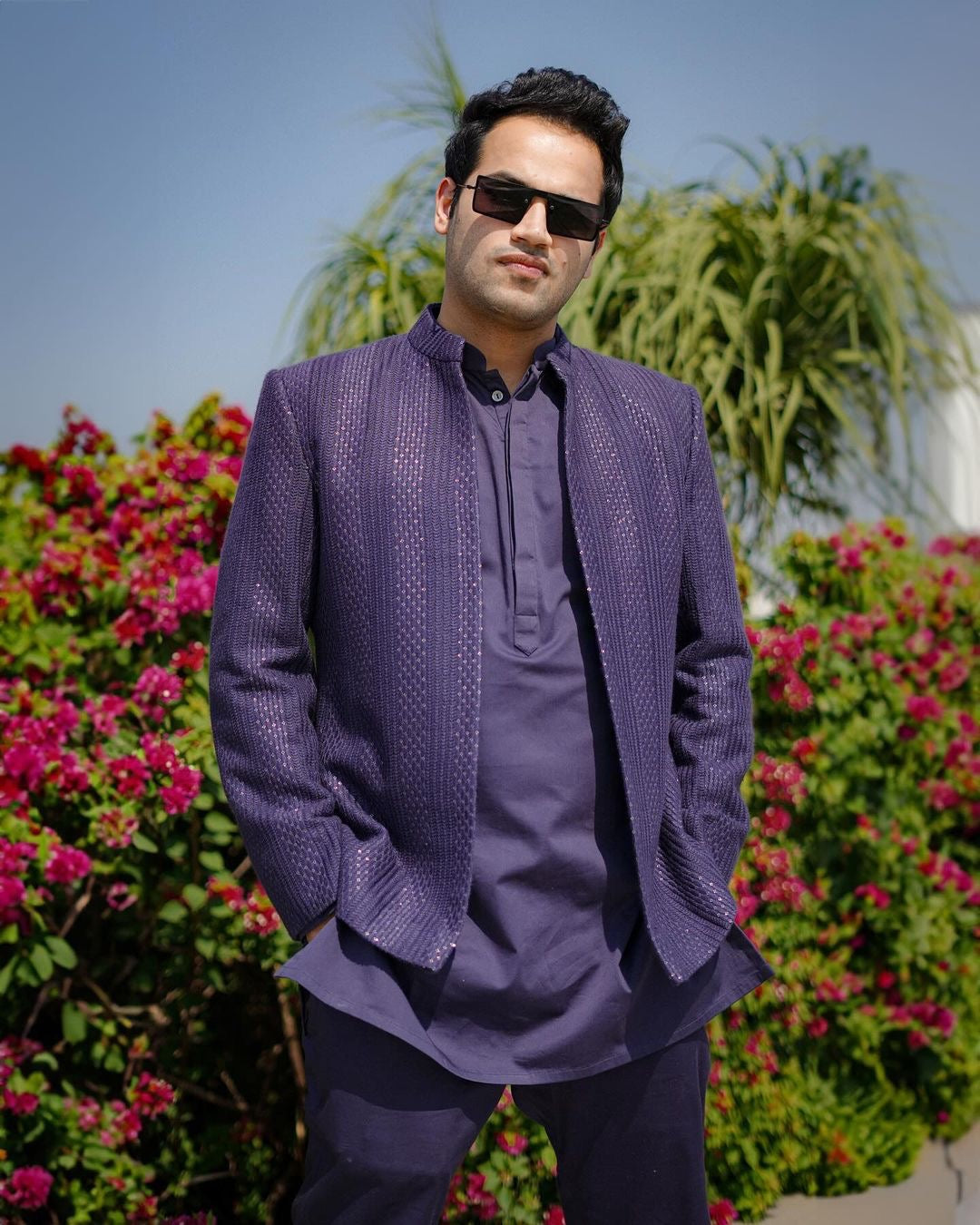 Raj Shamani in our Ikhara - Navy Blue Chikankari Jacket Set-1