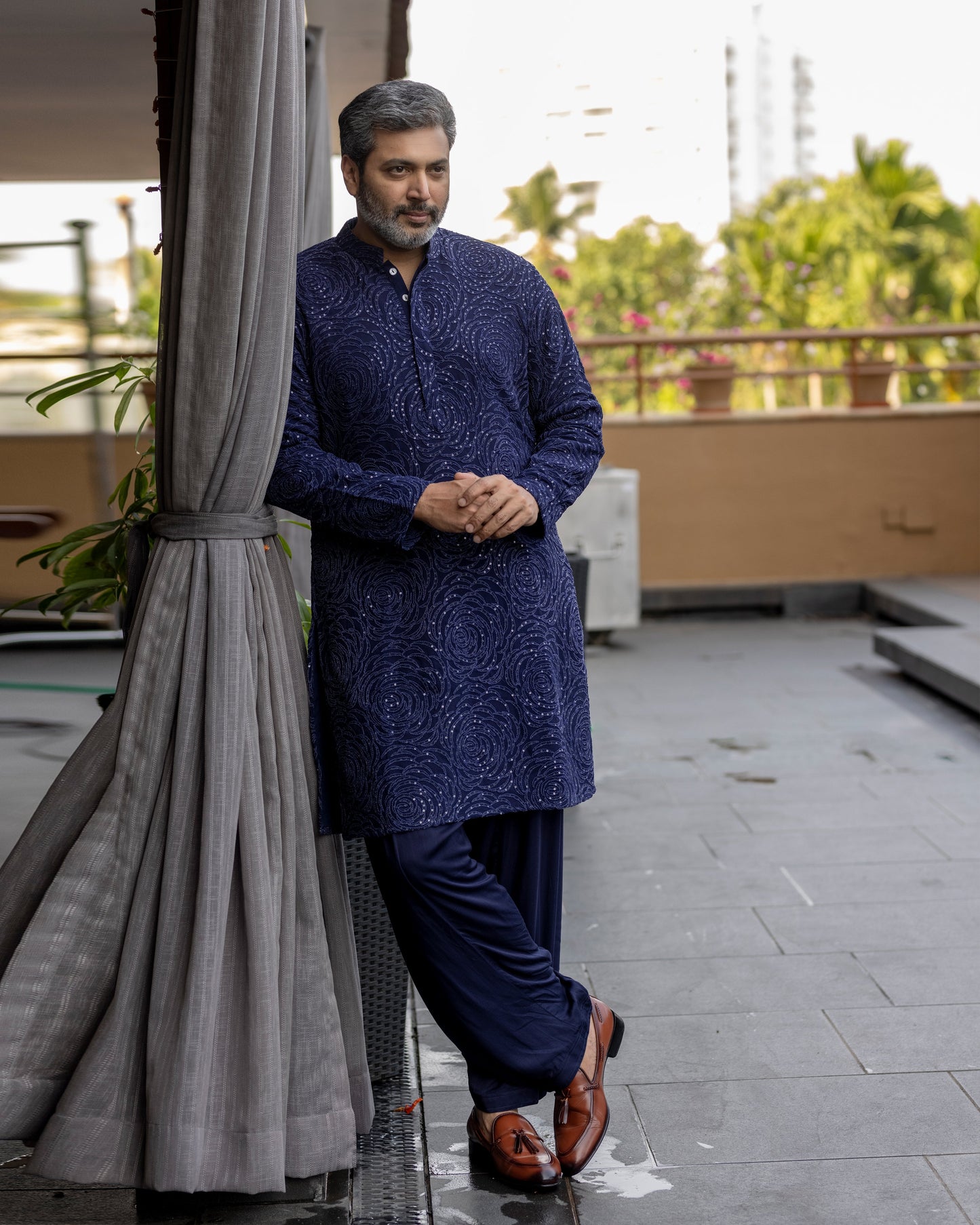 Jayam Ravi in our Avasa - Navy Blue Abstract Embroidery Kurta Set-0