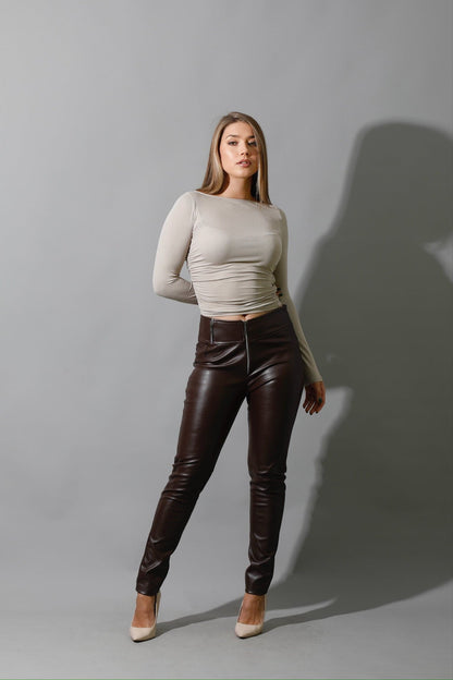 Faux-Leather Leggings - Brown-3