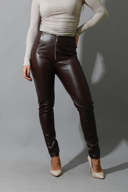 Faux-Leather Leggings - Brown-0