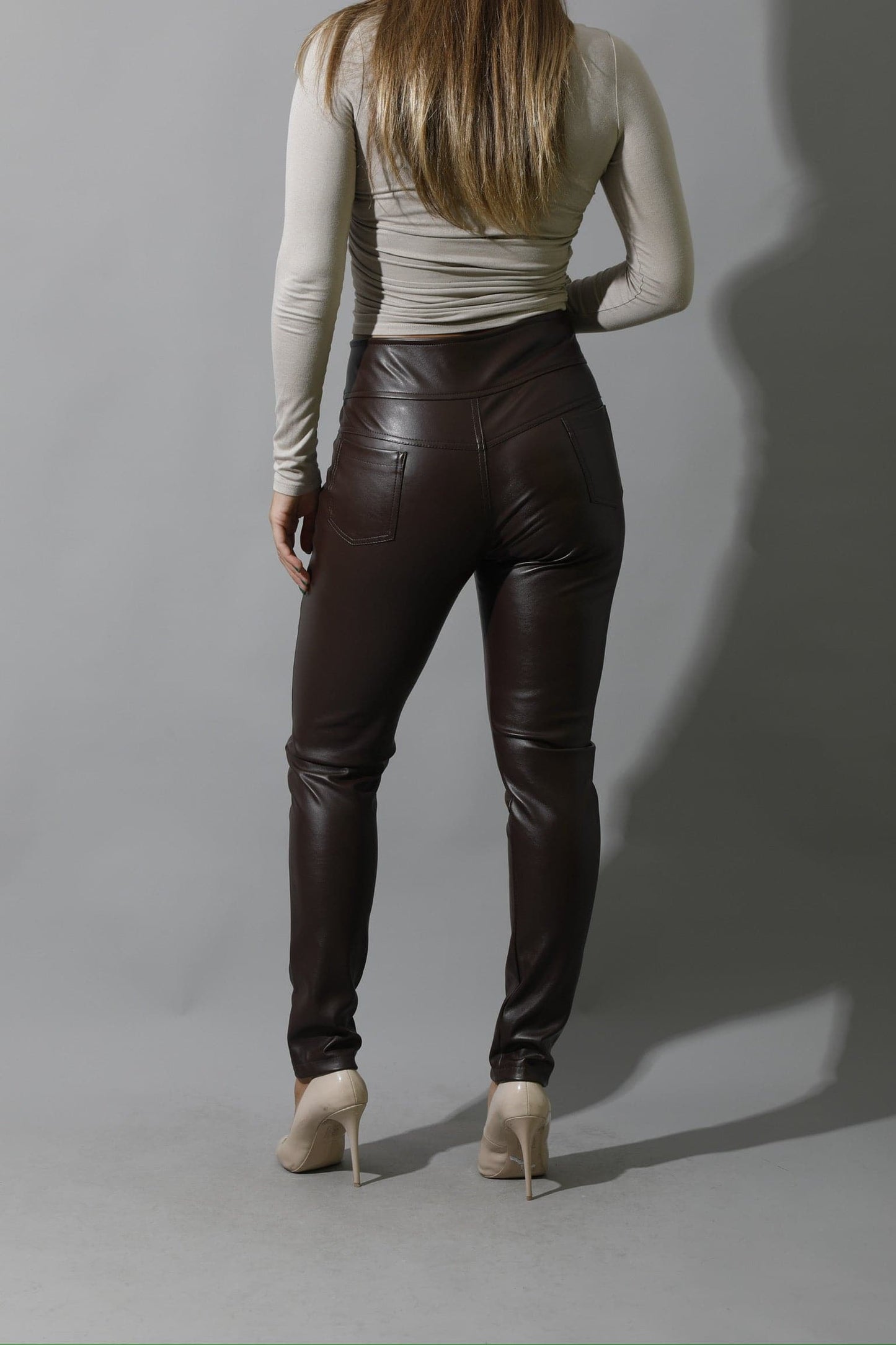 Faux-Leather Leggings - Brown-2