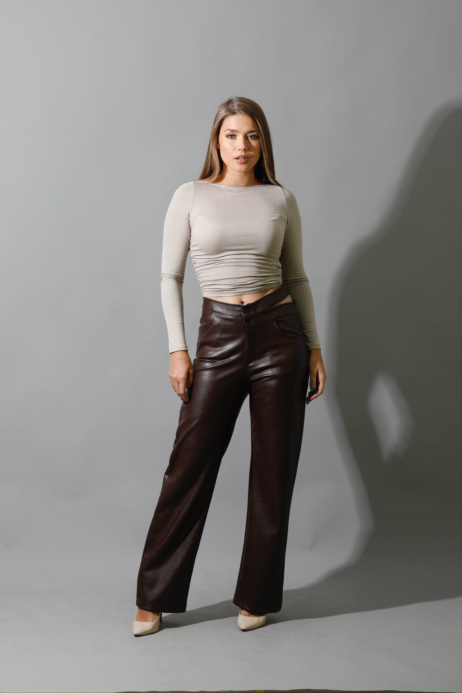 Faux Leather Wide Leg Pants - Brown-1