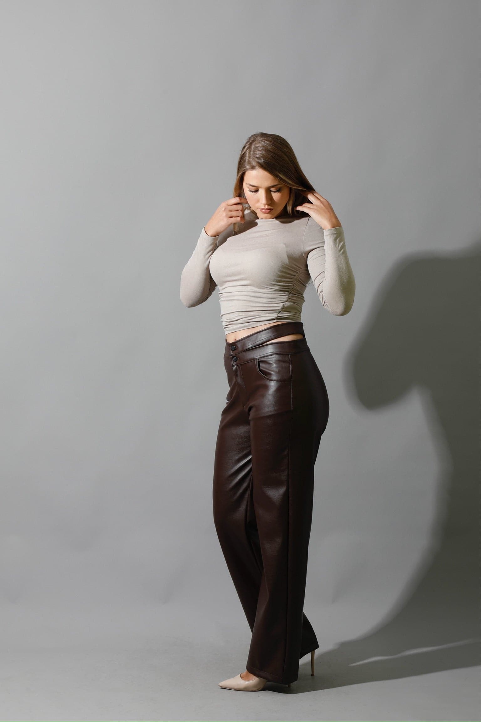 Faux Leather Wide Leg Pants - Brown-3