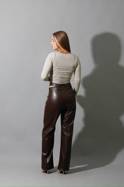 Faux Leather Wide Leg Pants - Brown-2