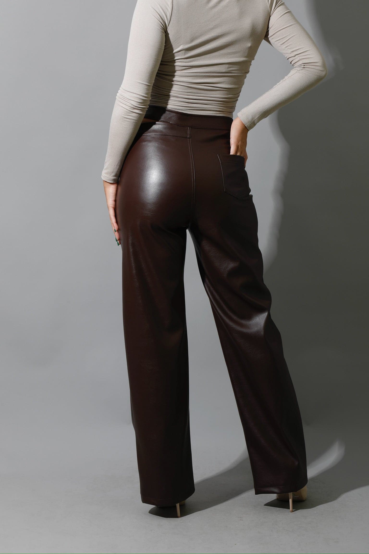 Faux Leather Wide Leg Pants - Brown-4