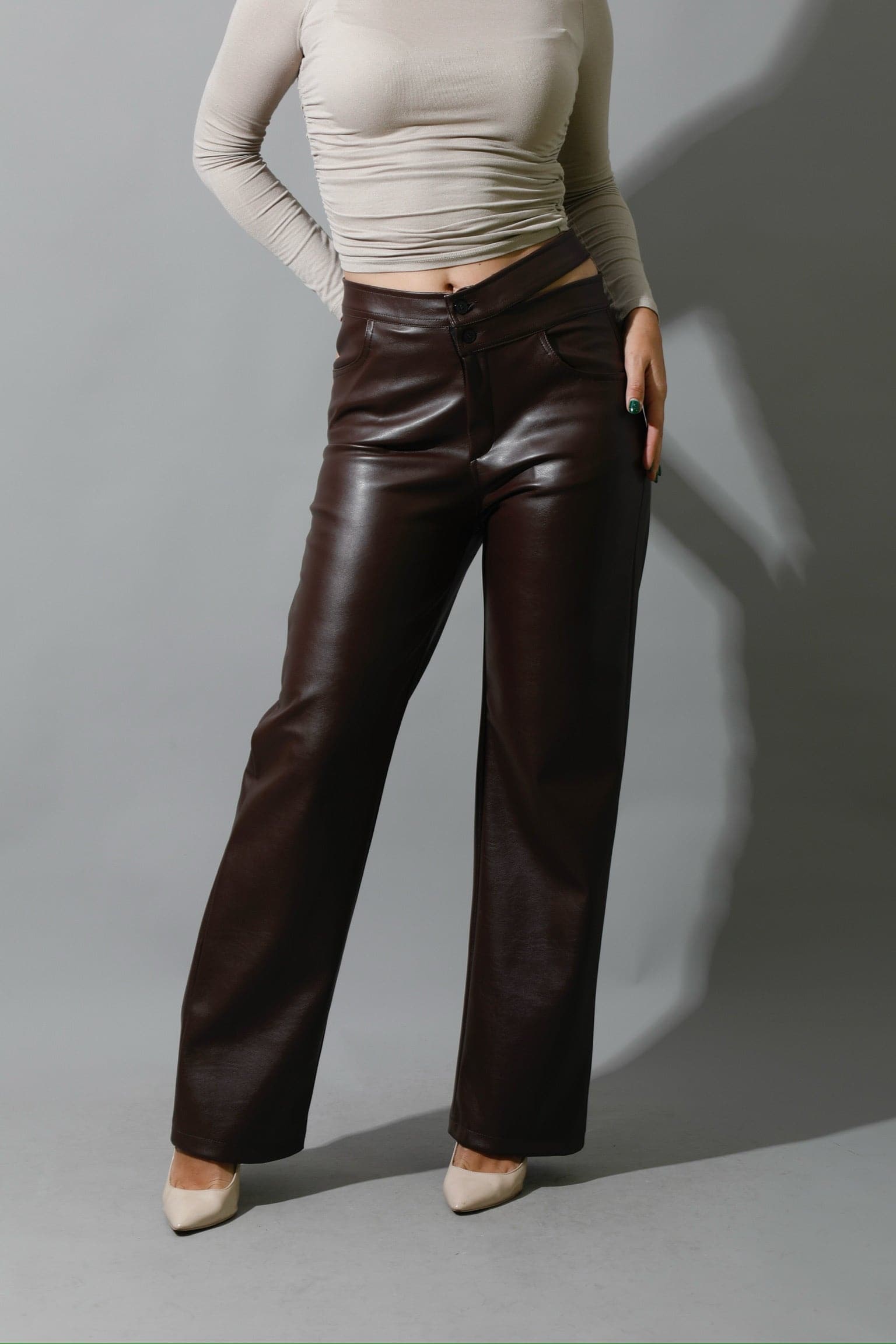 Faux Leather Wide Leg Pants - Brown-0