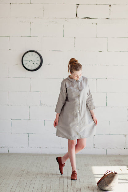 100% Linen 3/4 Sleeve Classic Dress Light Grey-2