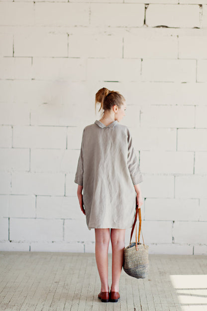 100% Linen 3/4 Sleeve Classic Dress Light Grey-0