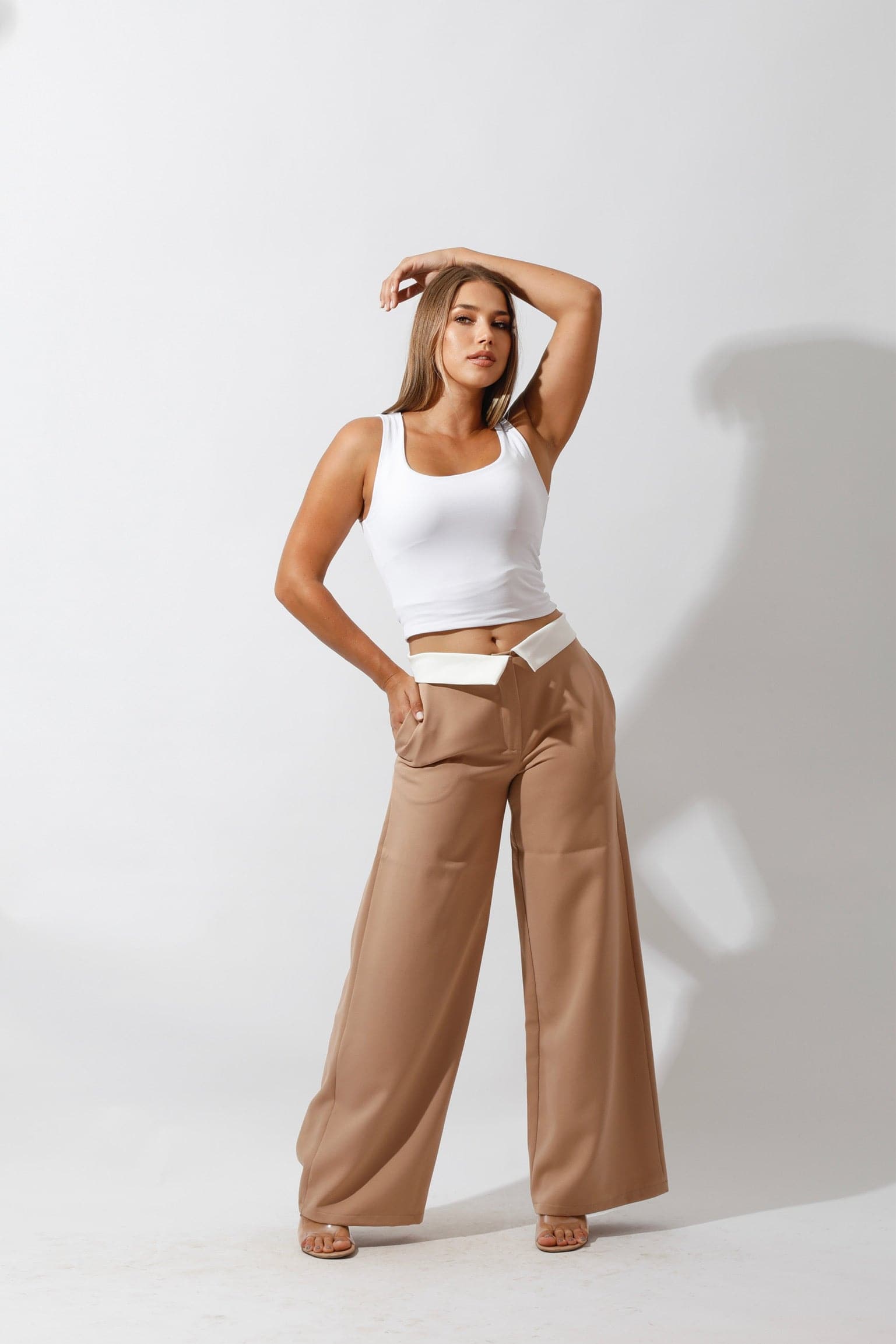 Reversed Waistband Wide Leg Pants - Beige-3