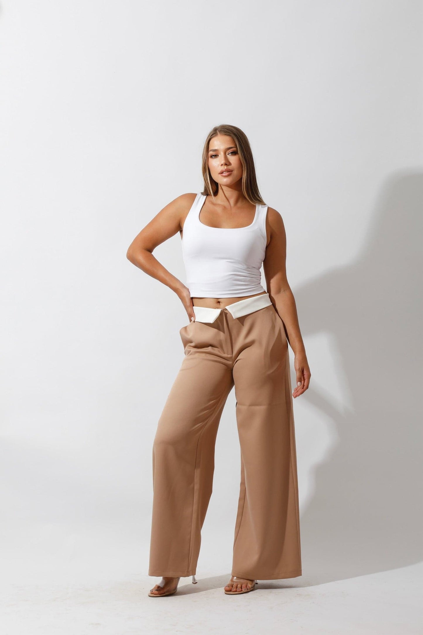 Reversed Waistband Wide Leg Pants - Beige-4