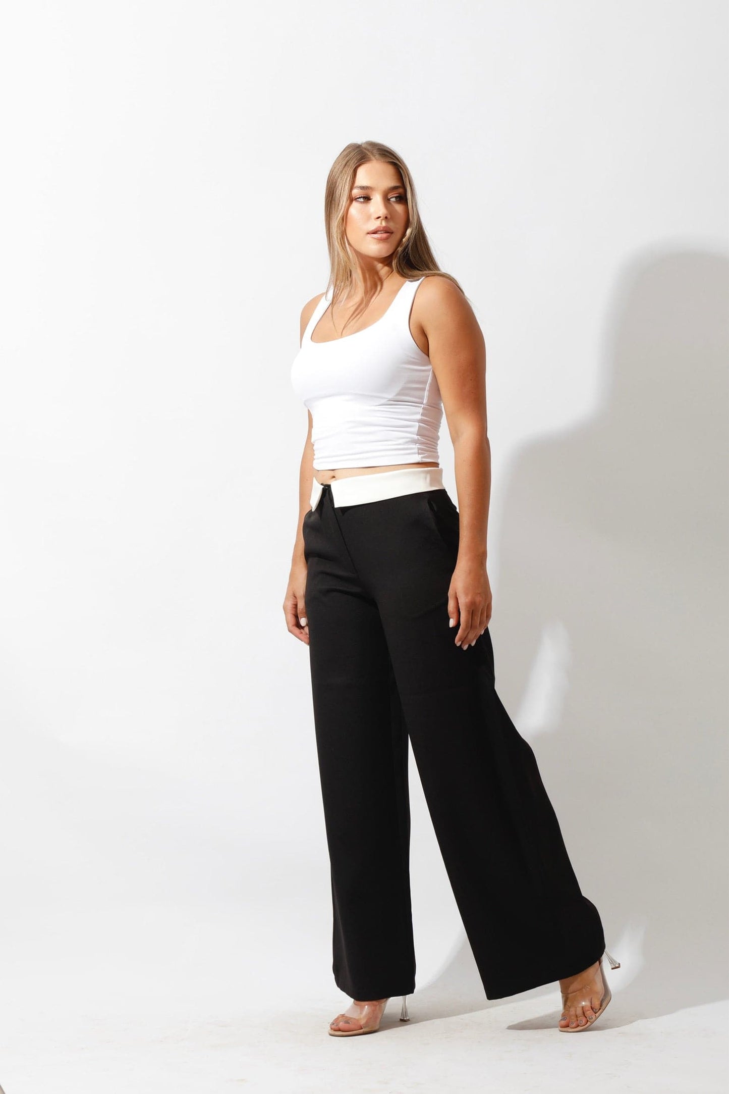 Reversed Waistband Wide Leg Pants - Black-2