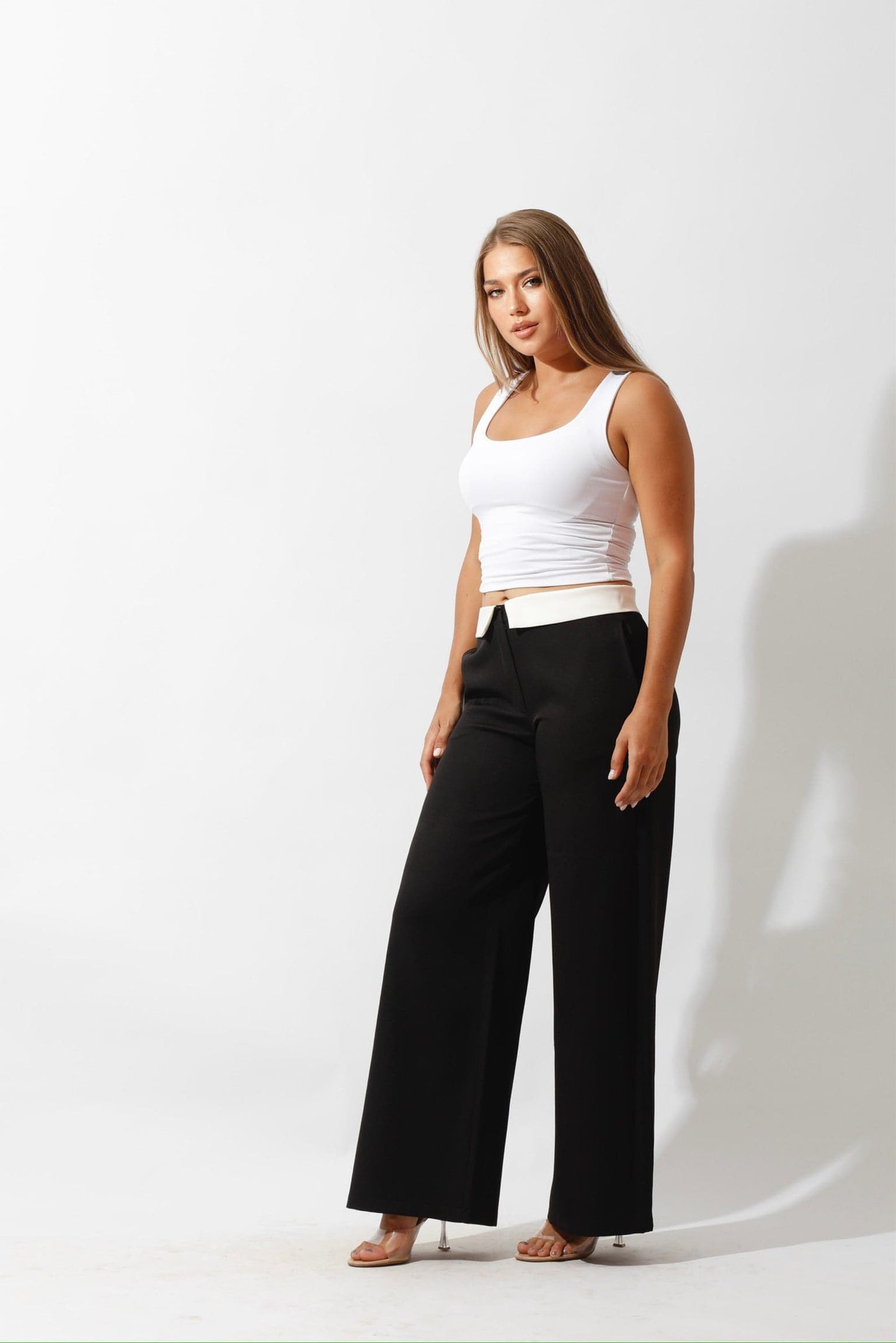 Reversed Waistband Wide Leg Pants - Black-3