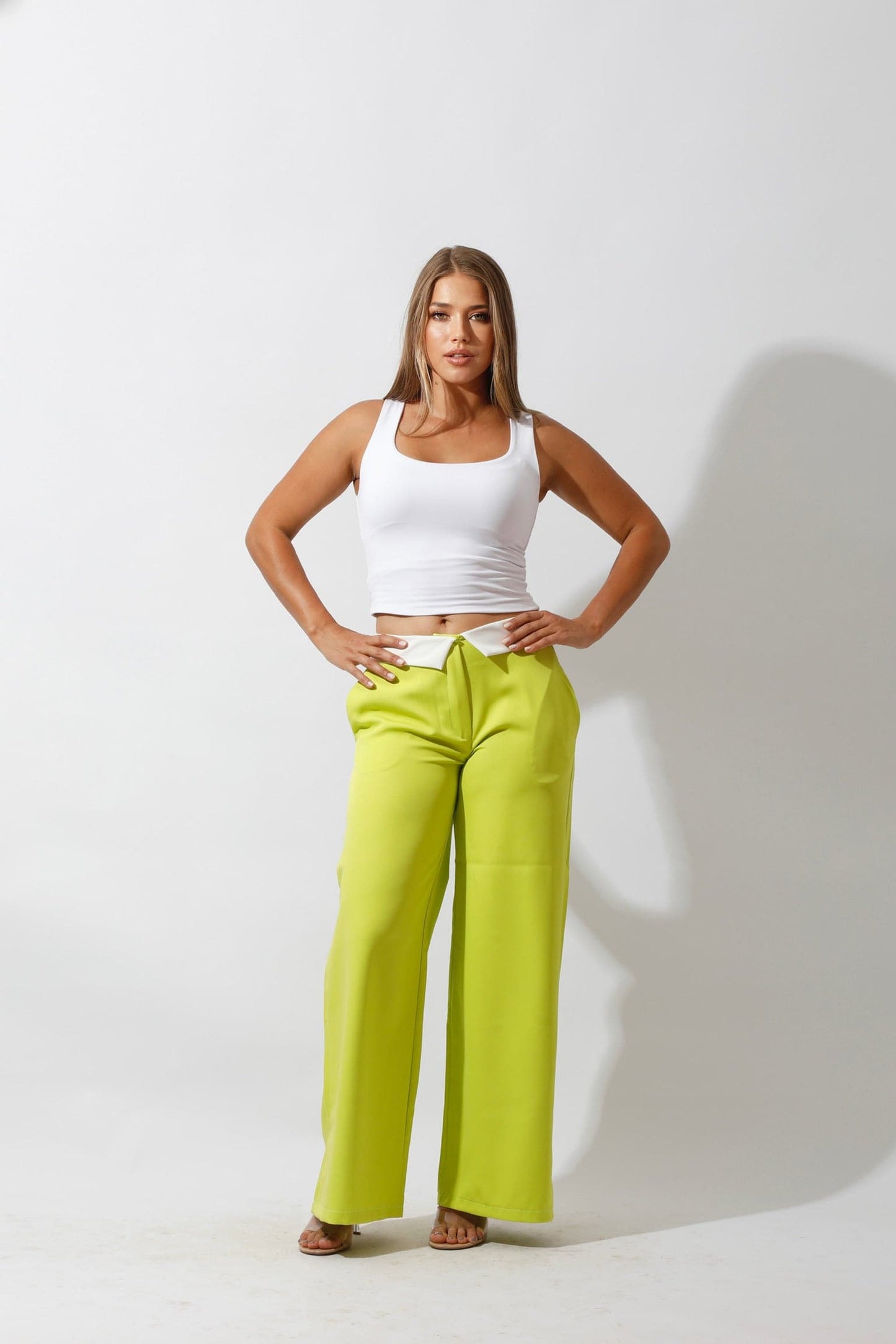 Reversed Waistband Wide Leg Pants - Lime Green-2