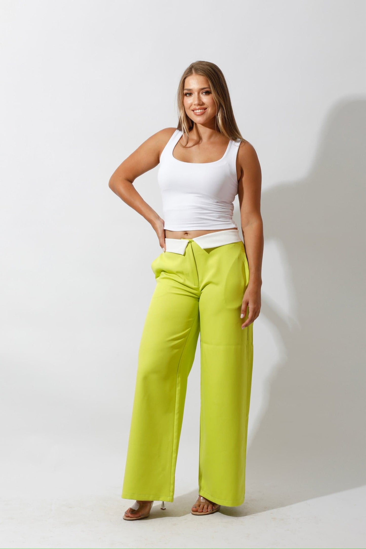 Reversed Waistband Wide Leg Pants - Lime Green-3