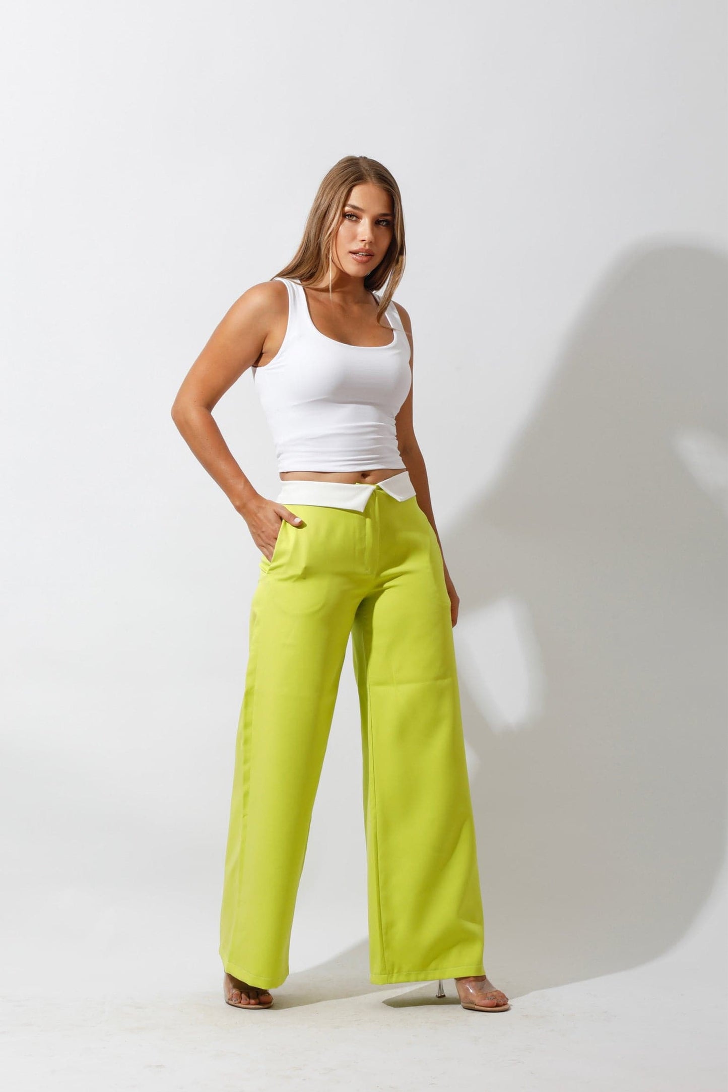 Reversed Waistband Wide Leg Pants - Lime Green-4