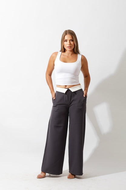 Reversed Waistband Wide Leg Pants - Gray-1