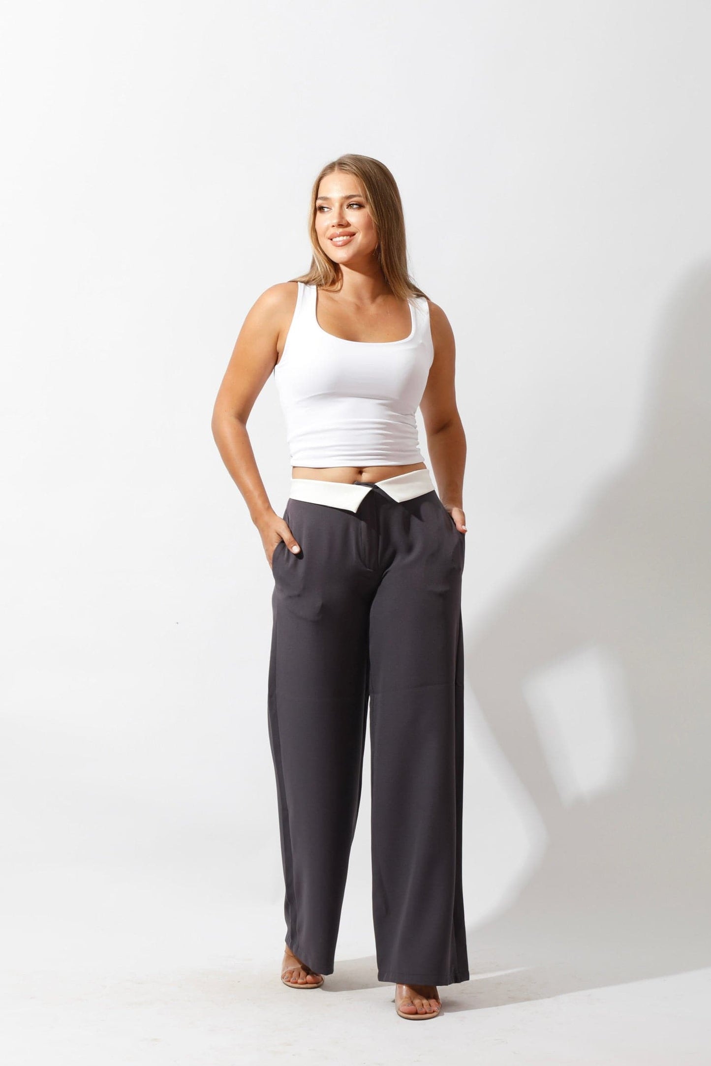 Reversed Waistband Wide Leg Pants - Gray-4