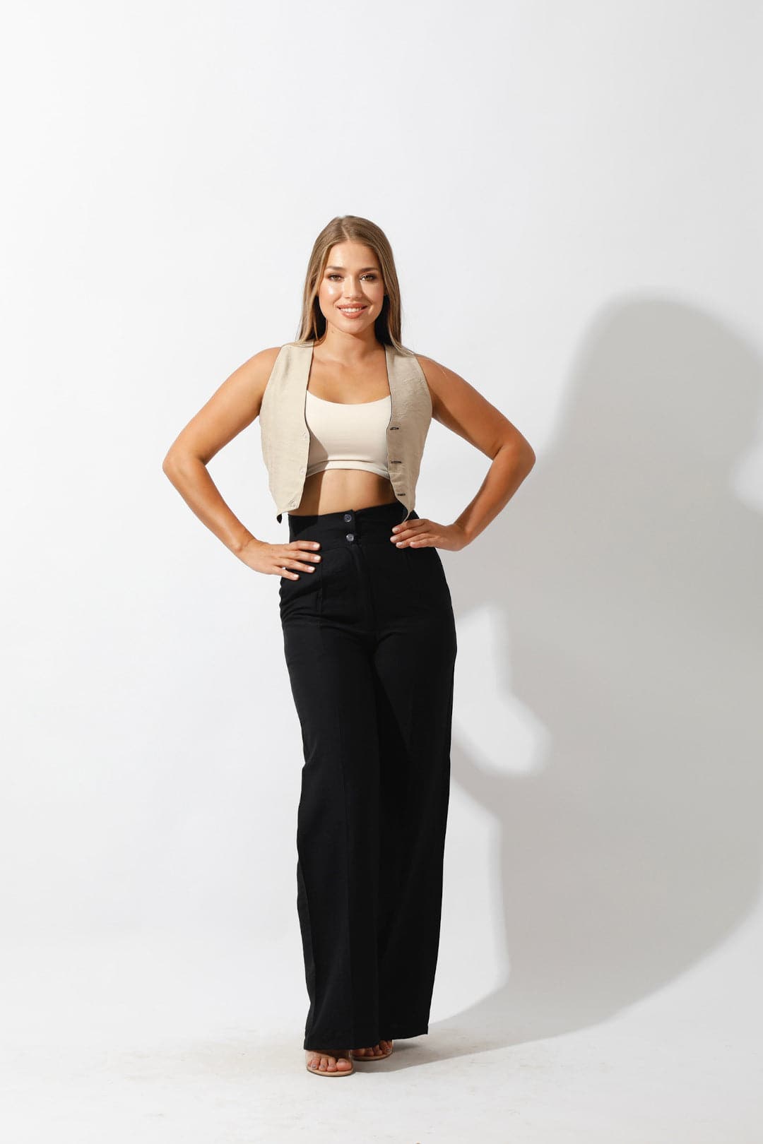 High Waist Linen-Blend Pants - Black-1