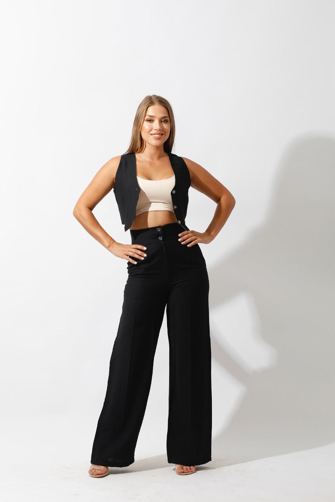 High Waist Linen-Blend Pants - Black-4