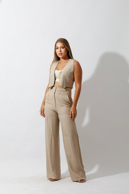 High Waist Linen-Blend Pants - Beige-4