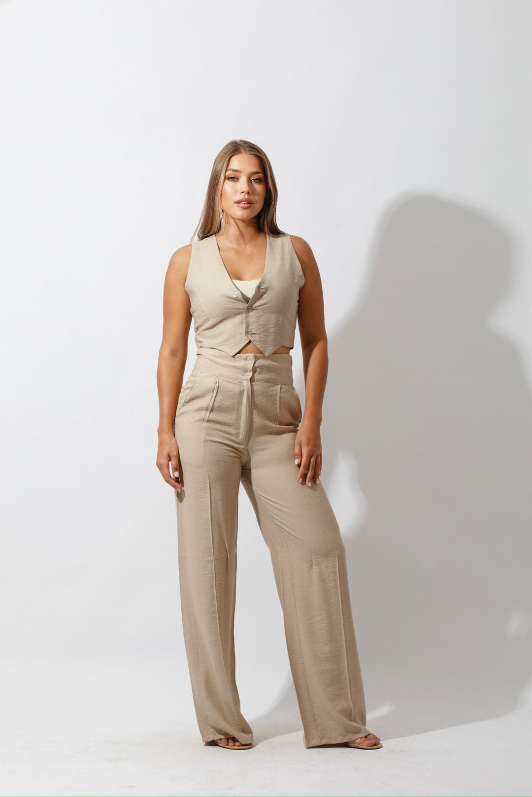 High Waist Linen-Blend Pants - Beige-3